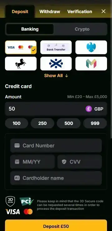 Deposit interface for Golden Shower casino