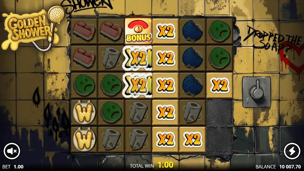 Golden Shower game grid showing multiple position multipliers building during cascades