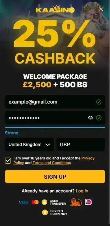 Registration form for playing Golden Shower real money